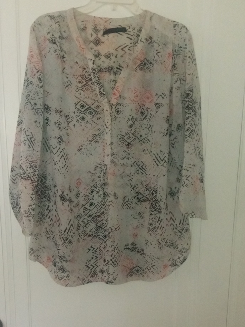 Sheer 3/4 roll sleeve Women’s Blouse ivory with design, maurices 2X